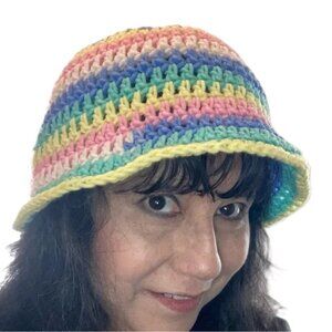 Rainbow Multicolored Bucket Hat Handmade Crocheted UNISEX One Size Adult